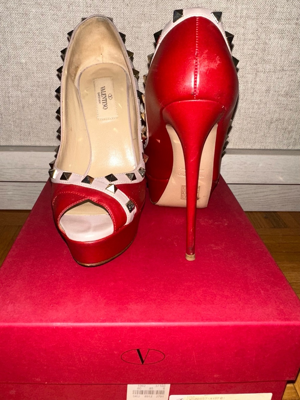 Valentino Red and White Studded Peep-Toe Platform Heels